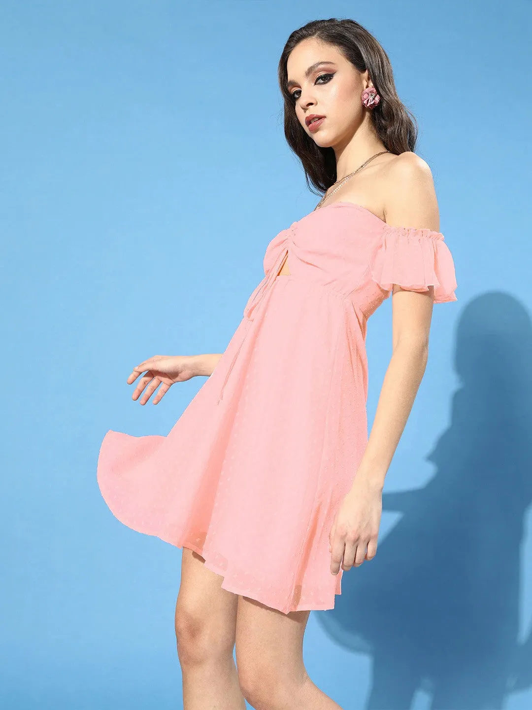 Berrylush Women Solid Pink Off-Shoulder Front Keyhole Fit & Flare Mini Dress