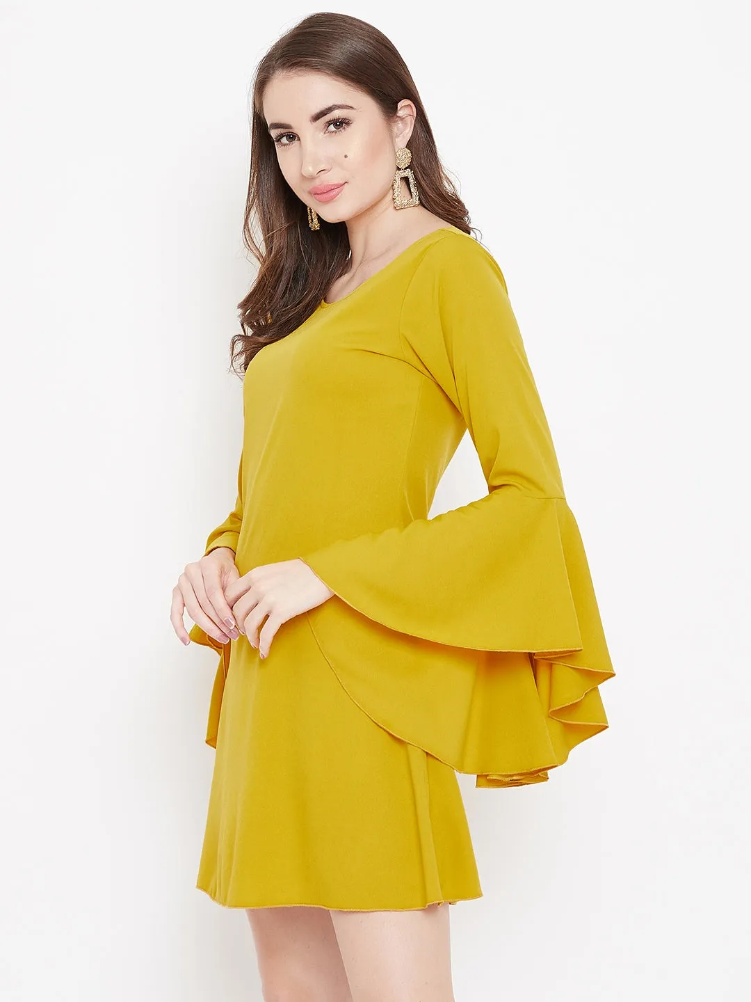 Berrylush Women Solid Yellow Round Neck Bell Sleeve A-Line Mini Dress