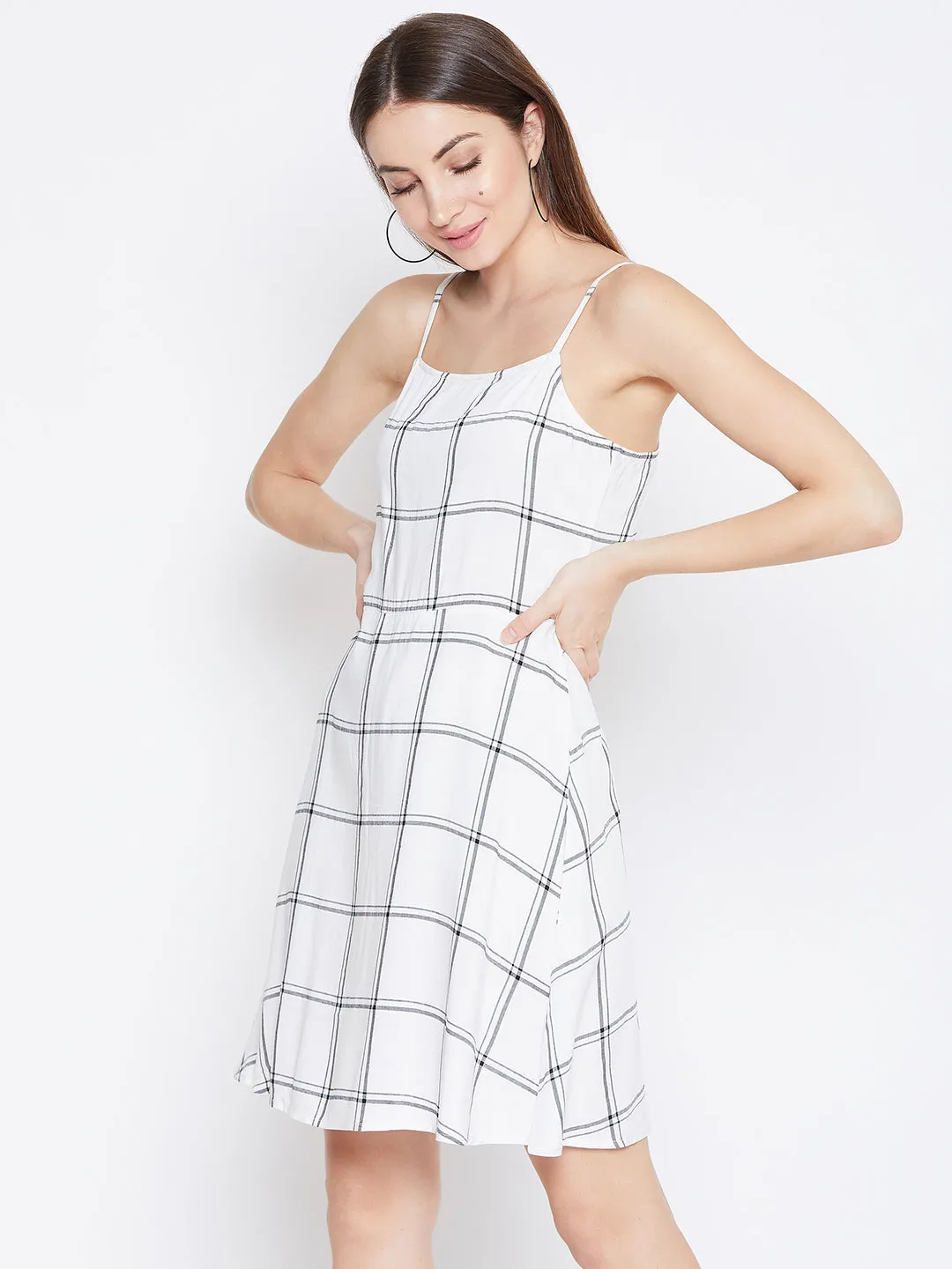 Berrylush Women White & Black Check Printed Square Neck Fit & Flare Mini Dress