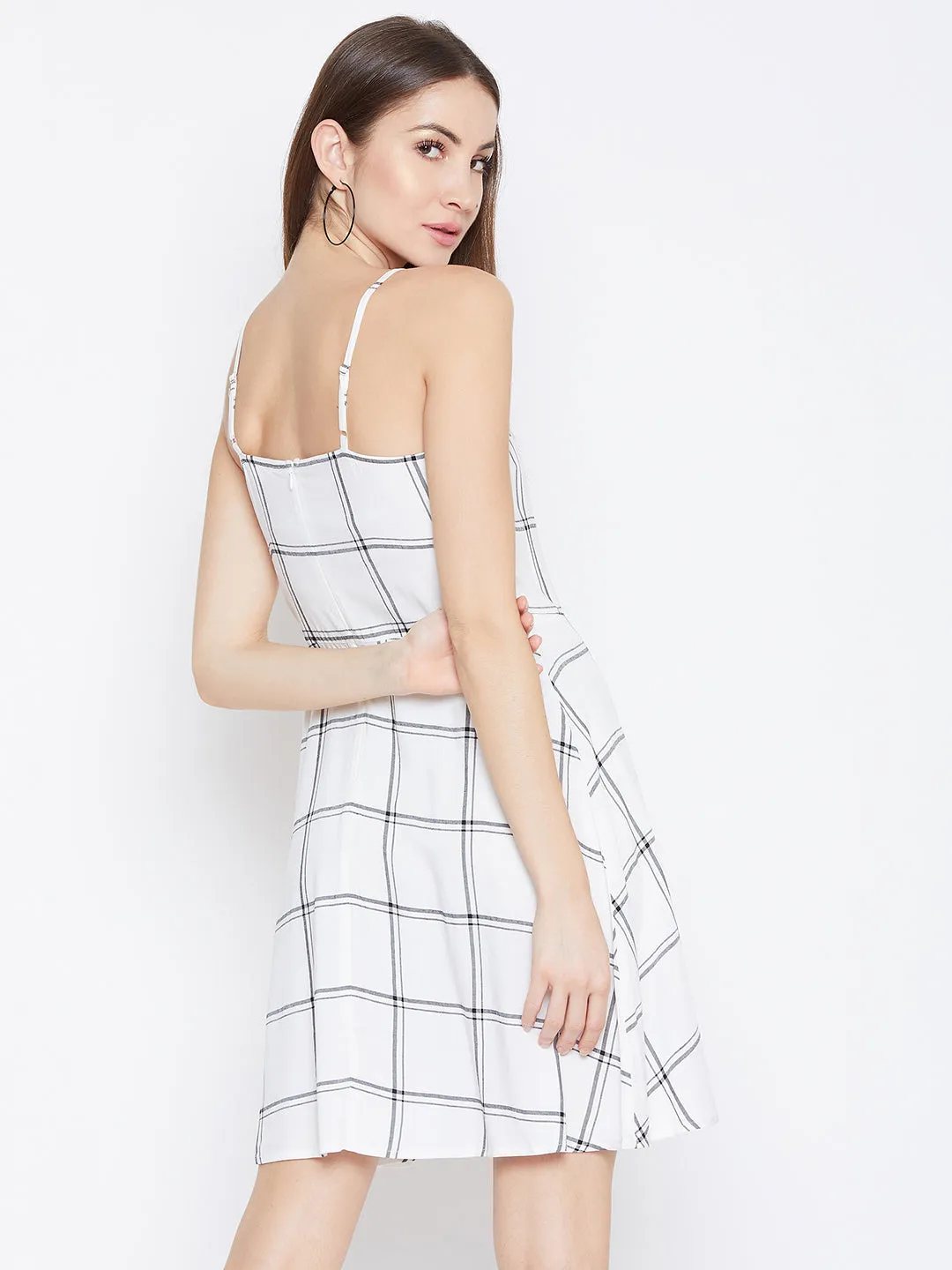 Berrylush Women White & Black Check Printed Square Neck Fit & Flare Mini Dress