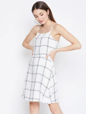 Berrylush Women White & Black Check Printed Square Neck Fit & Flare Mini Dress