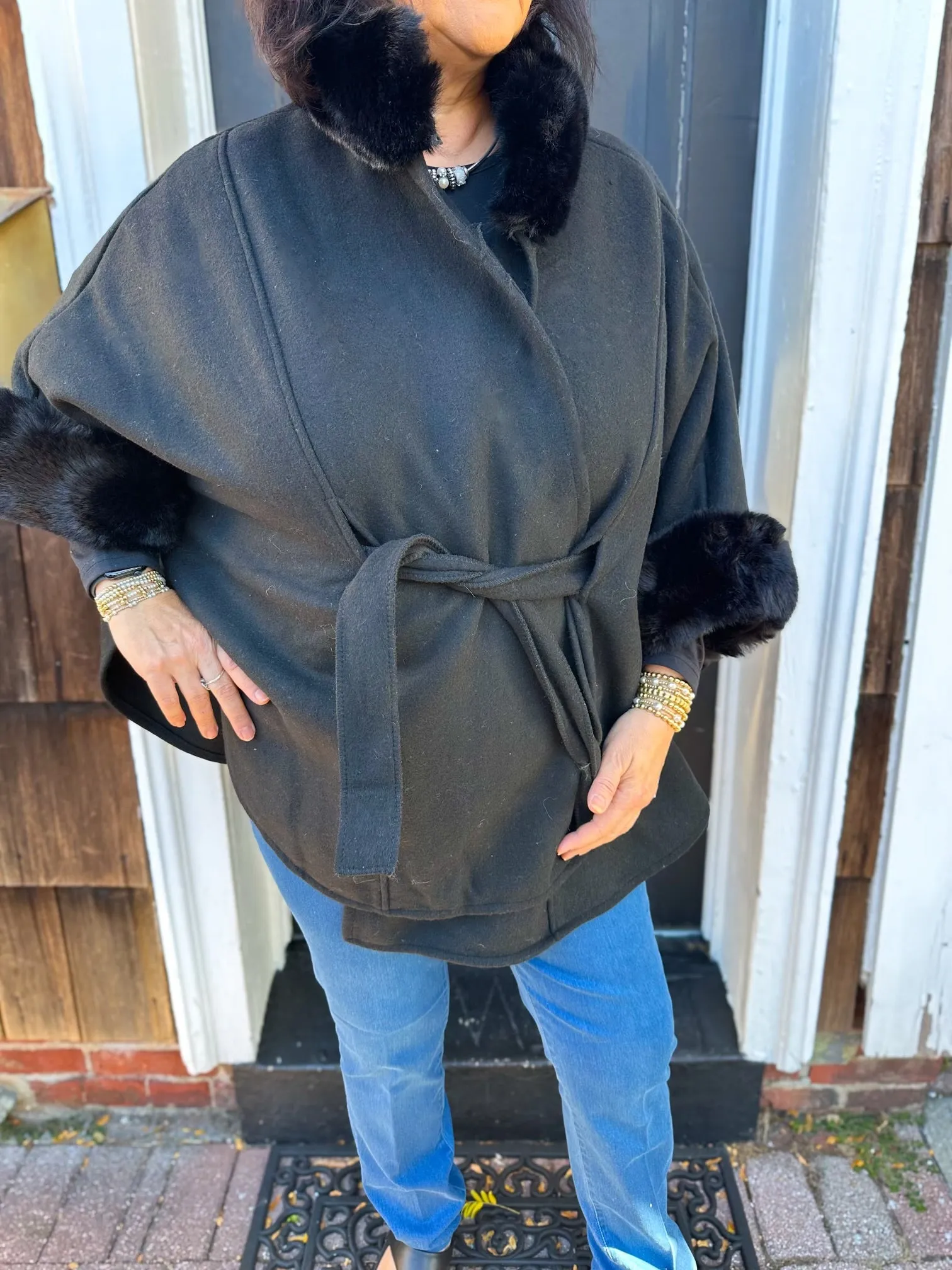 Black Faux Fur Trimmed Hood & Sleeve