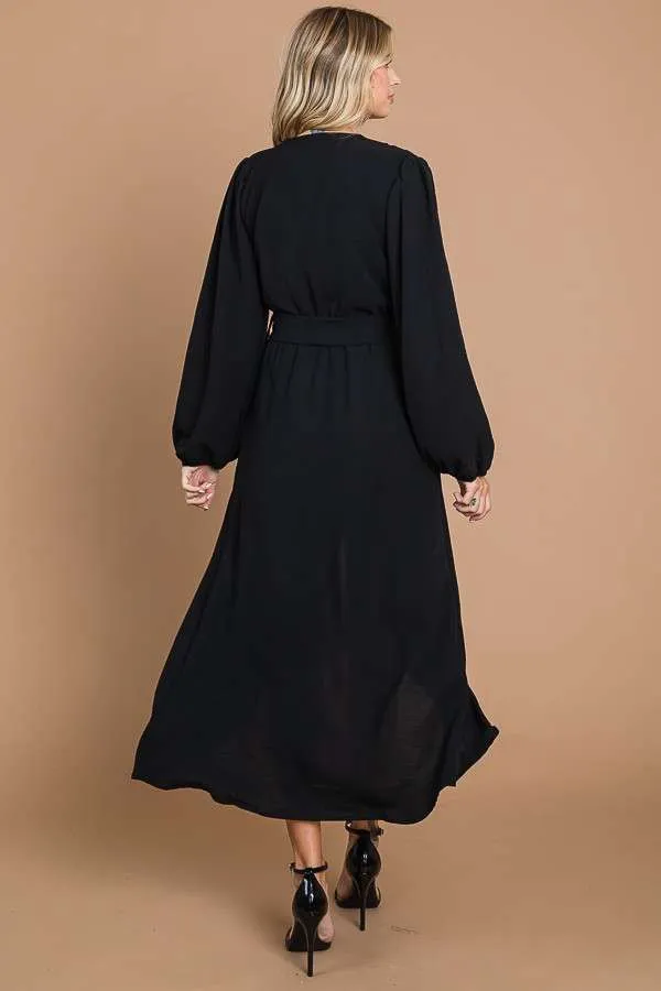 BLACK FAUX WRAP LONG SLEEVE DRESS