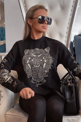 Black Gold Studded Tiger NYC Sweatshirt - Lezlie