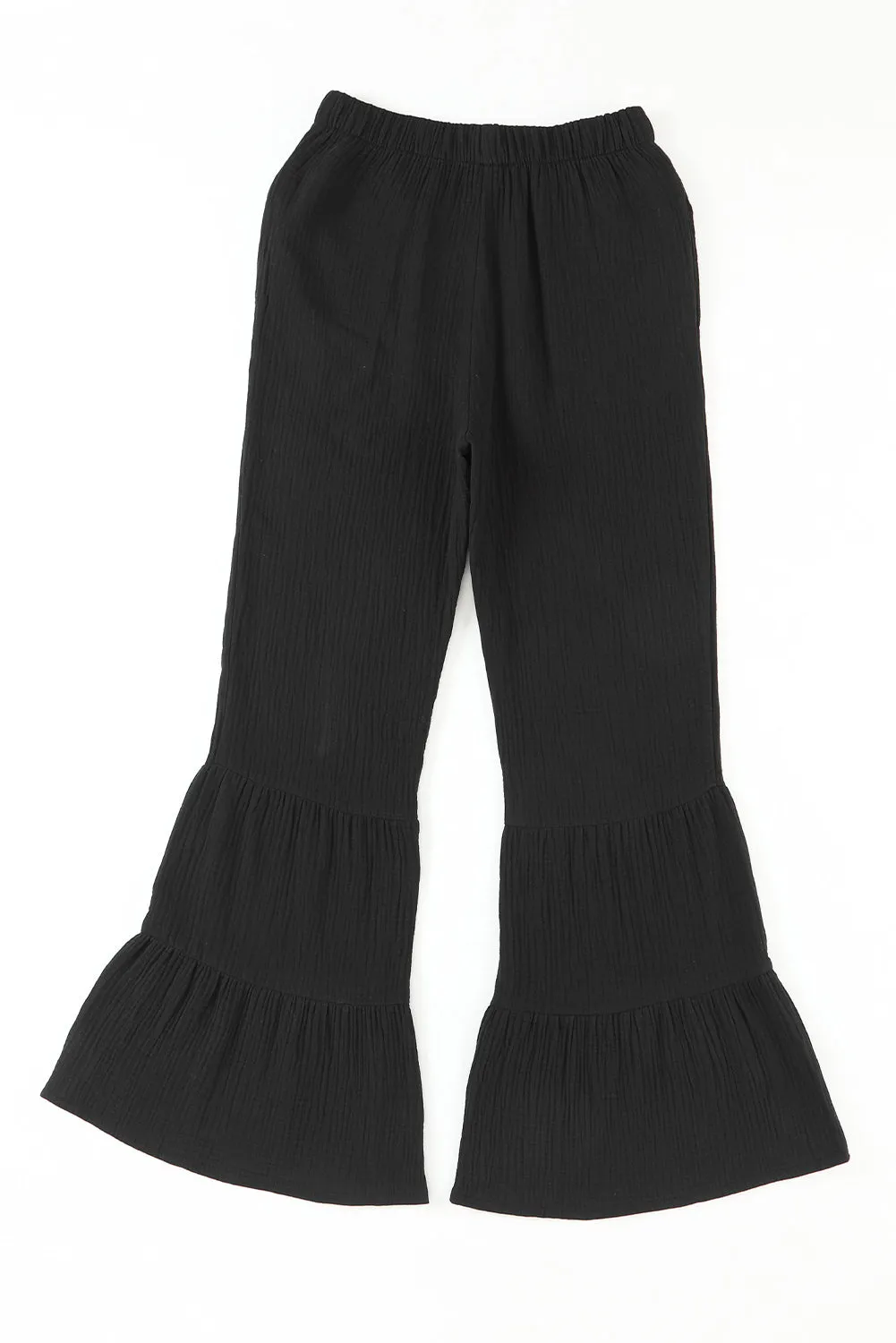 Black Plain Cotton Tiered Ruffle Flare High Waisted Pants