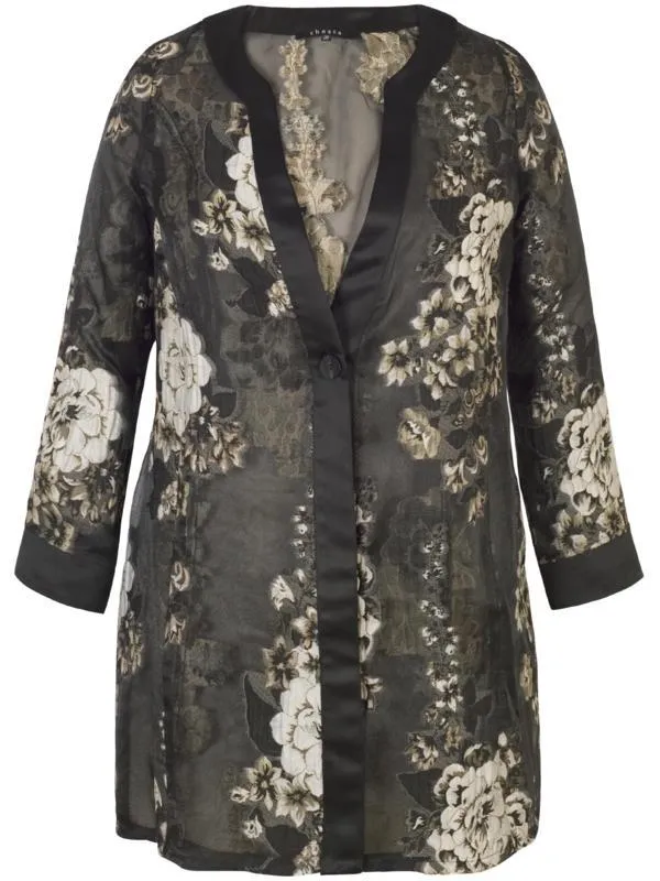 Black/Beige Floral Jacquard Organza Coat with Contrast Satin Trim