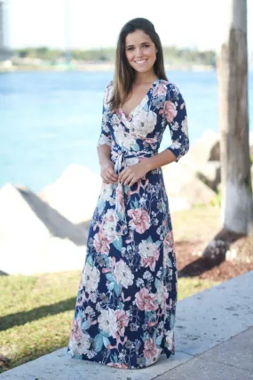 Blue Floral Wrap Maxi Dress