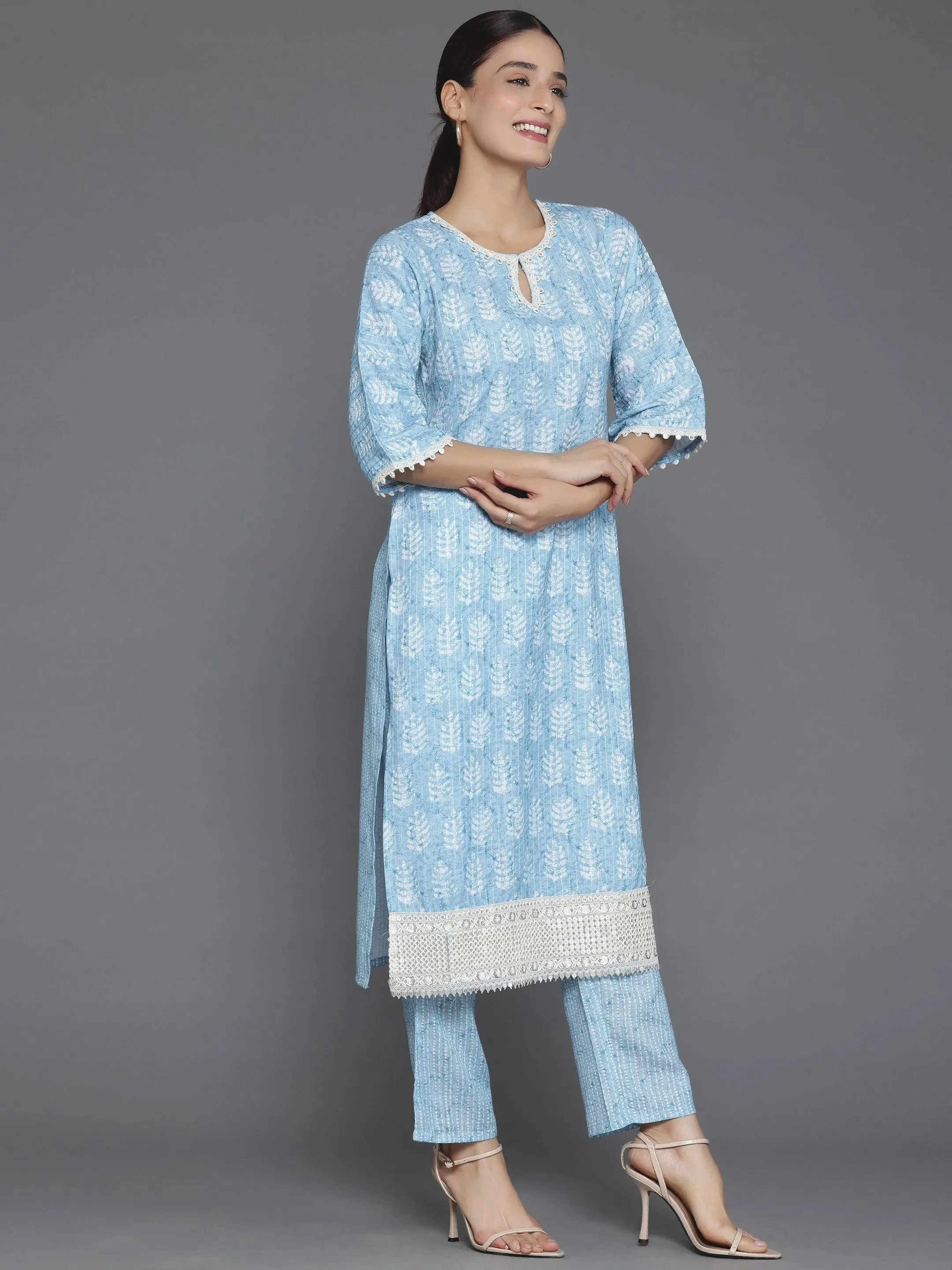 Blue Printed Cotton Straight Kurta Set