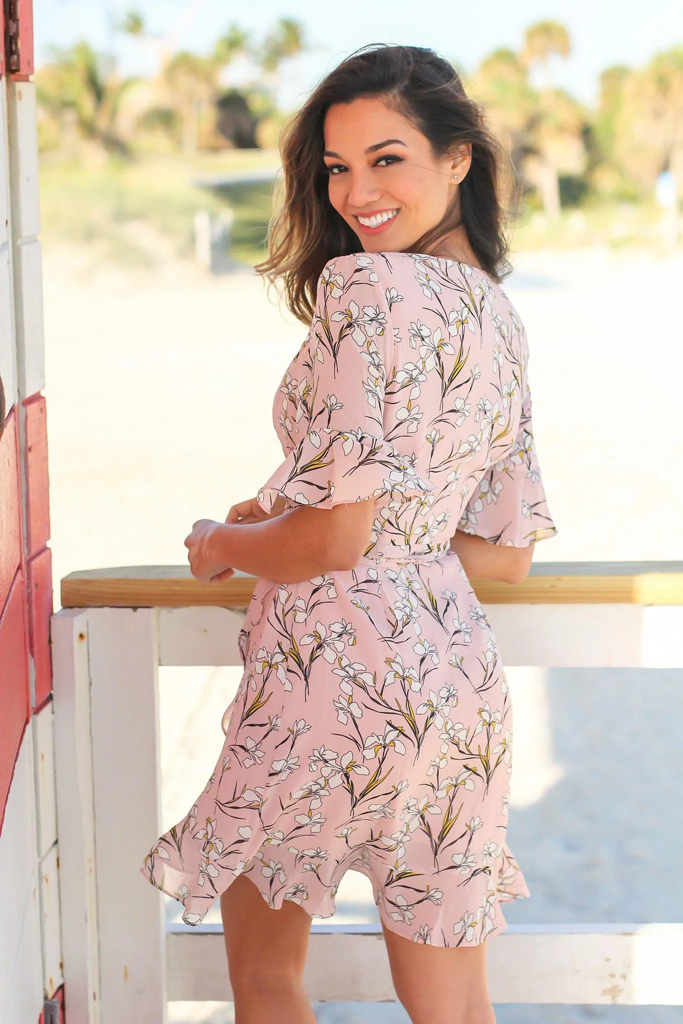 Blush Floral Wrap Dress with Ruffles