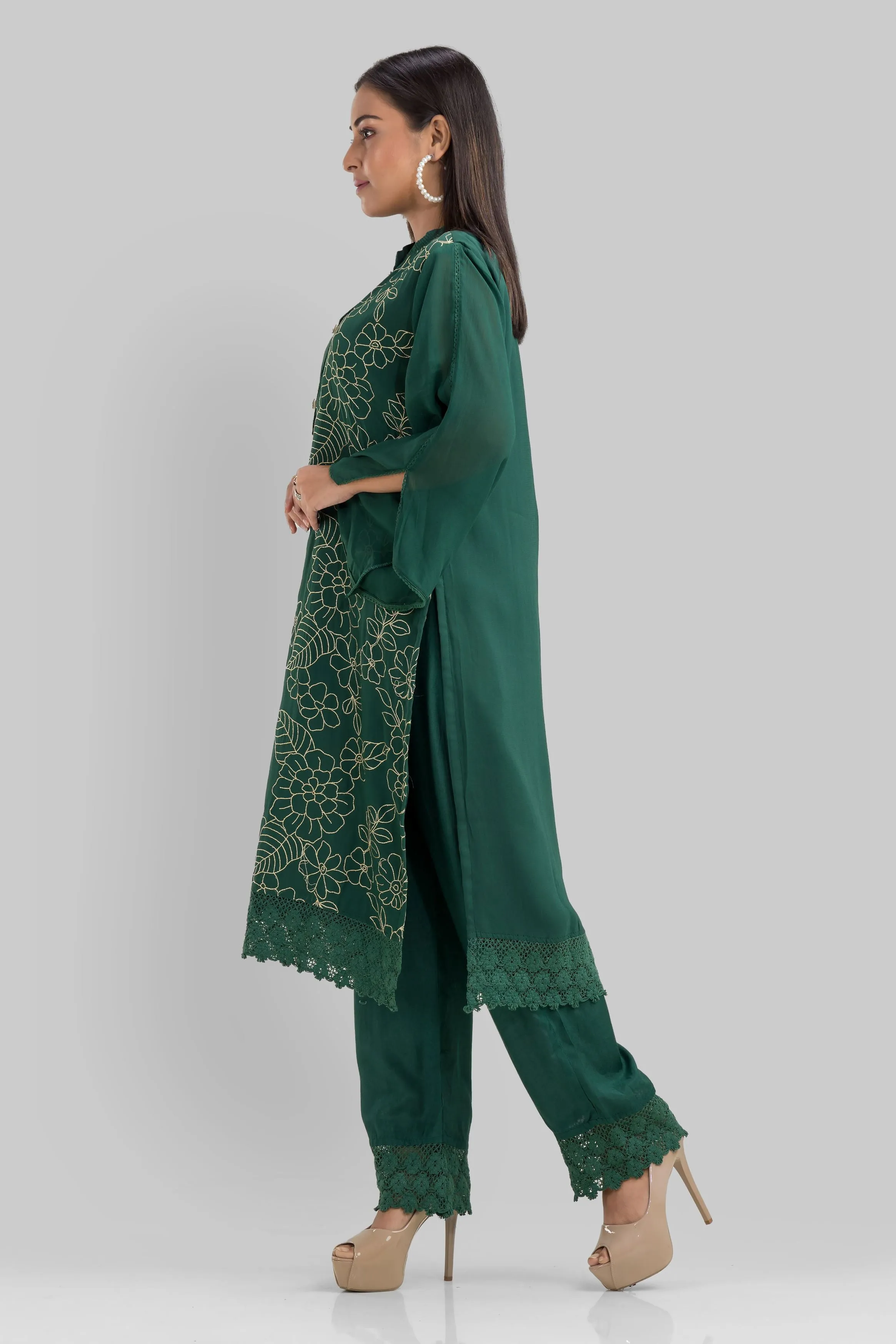 Bottle Green Embroidered Georgette Silk Kurta Set