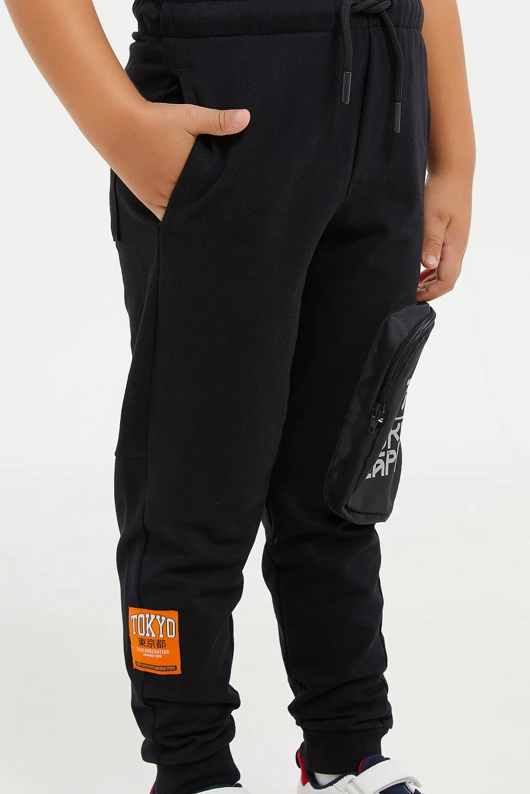 Boys Black Nylon Cargo Pocket Active Pant