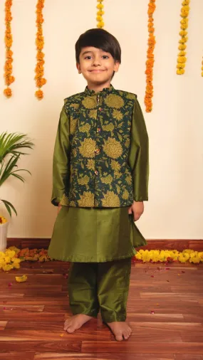 Boys Green Cotton Silk Kurta Pant Set with Printed Nehru Jacket