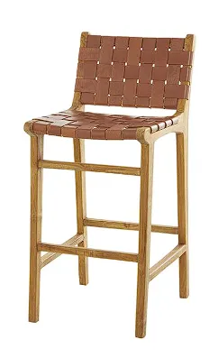 BROWN TEAK WOOD WOVEN LEATHER SEAT AND BACK BAR STOOL WITH BEAM FOOTREST, 19" X 20" X 39"