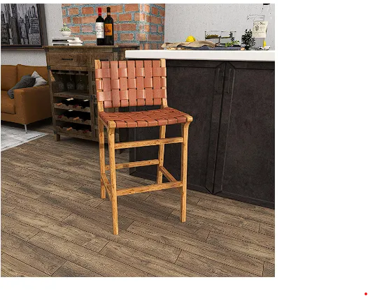 BROWN TEAK WOOD WOVEN LEATHER SEAT AND BACK BAR STOOL WITH BEAM FOOTREST, 19" X 20" X 39"