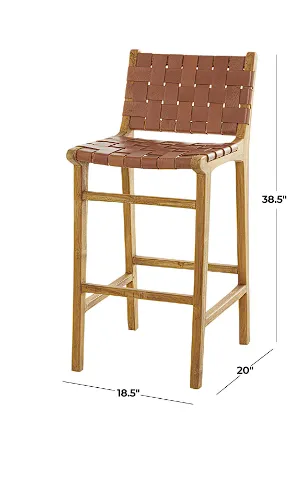 BROWN TEAK WOOD WOVEN LEATHER SEAT AND BACK BAR STOOL WITH BEAM FOOTREST, 19" X 20" X 39"