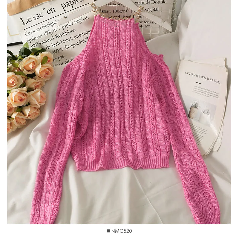 Chain decoration hanging neck one shoulder loose knit  1769