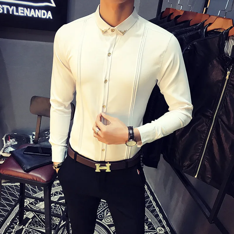 Collar Small Detail Men Tuxedo Style Slim Fit Shirt