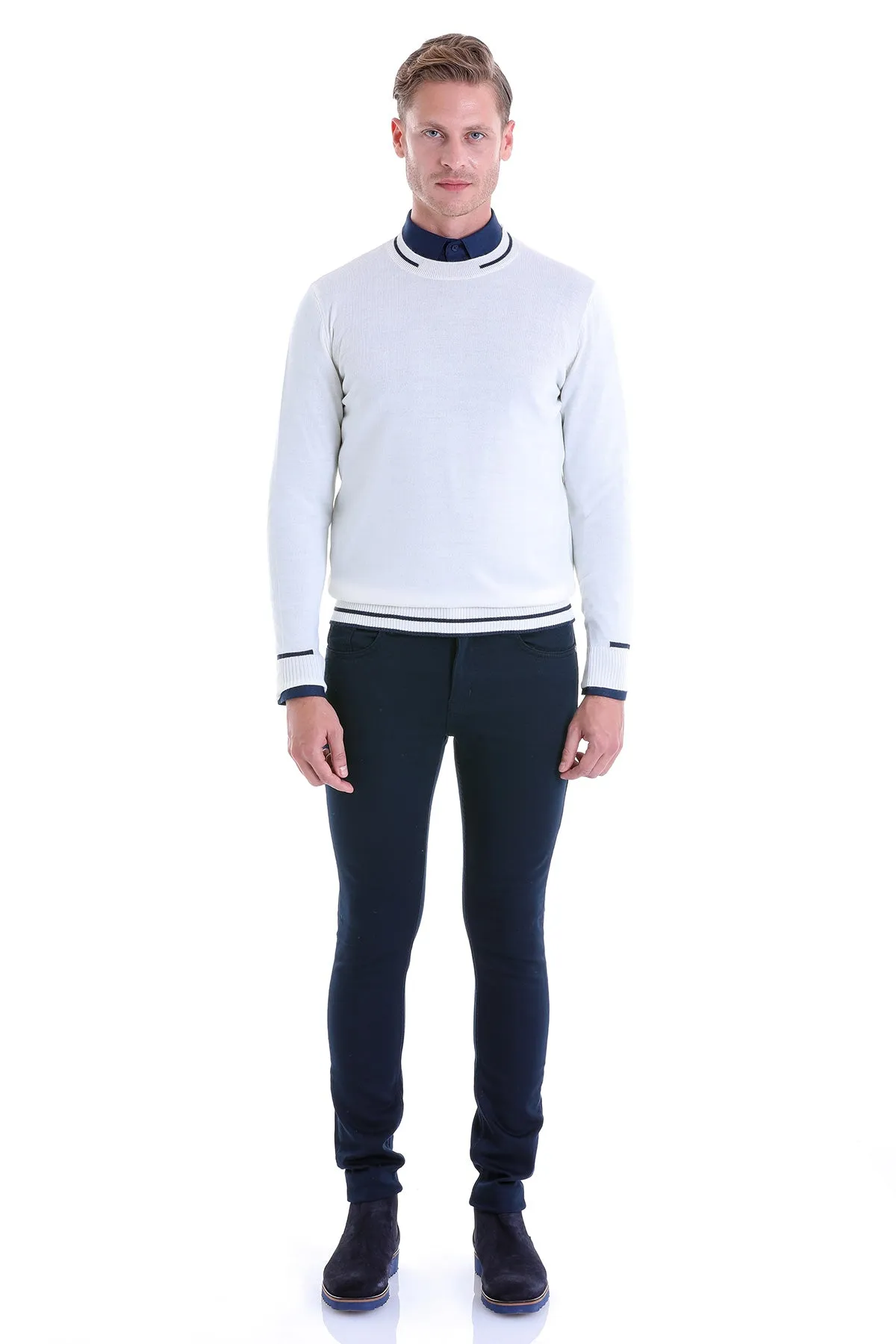 Comfort Fit Wool Blend Ecru Crewneck Sweater