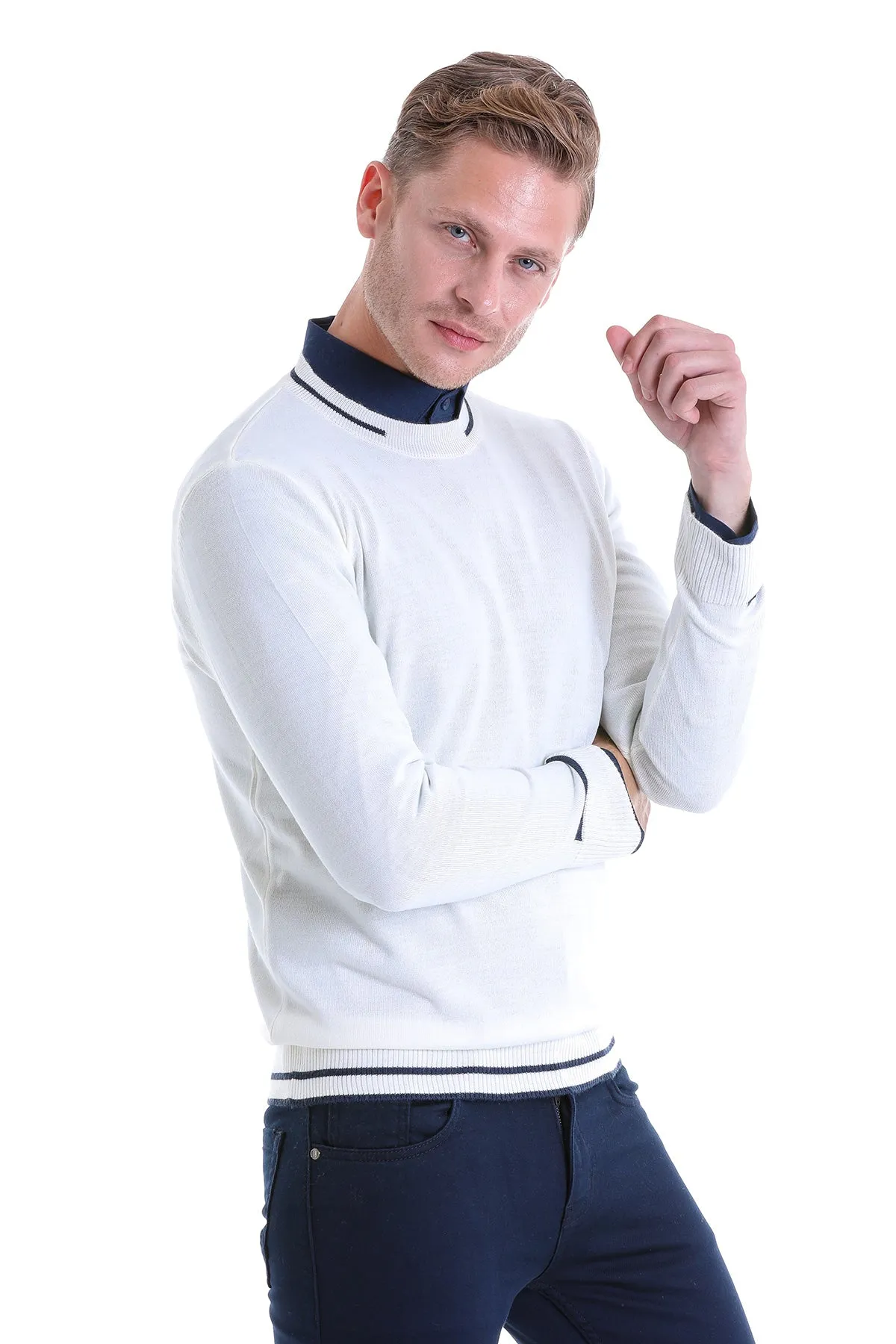 Comfort Fit Wool Blend Ecru Crewneck Sweater