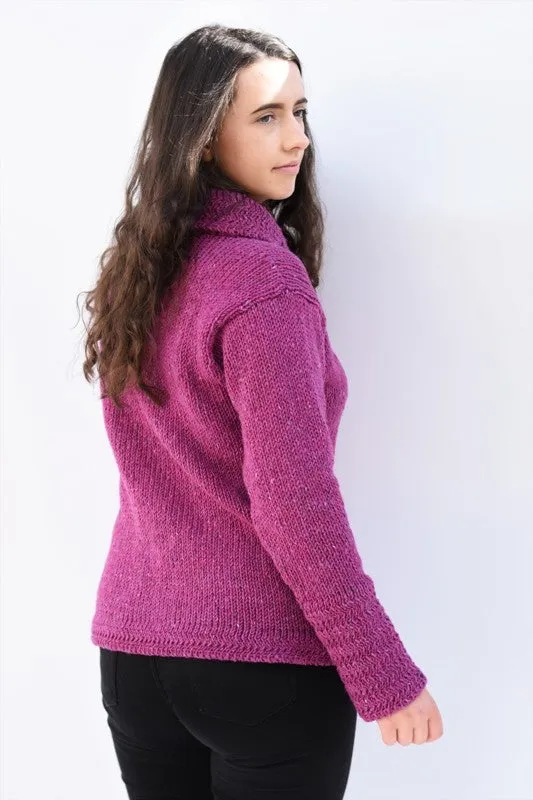 Cowl polo neck sweater with herringbone stitch edges – Pink – Rossan Knitwear