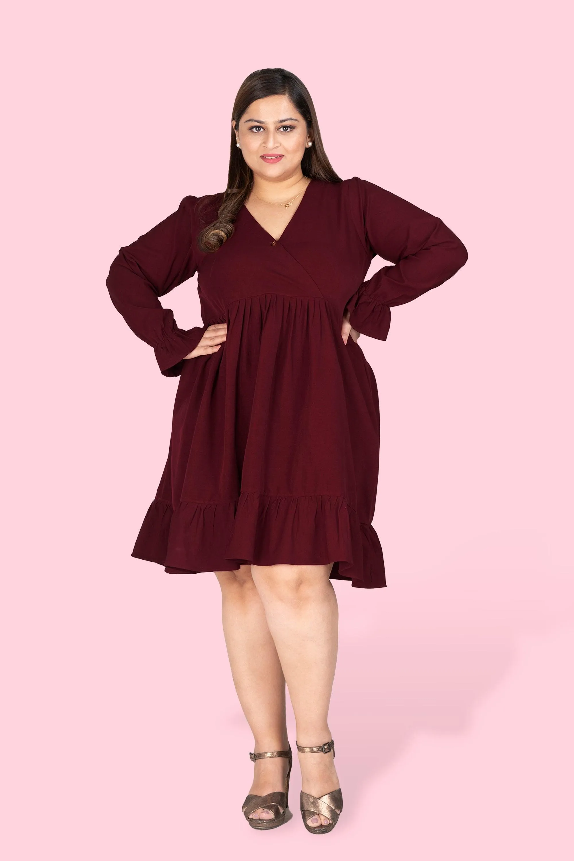 Curvy Lane Women Plus Size Wrap Styled Ruffle Sleeve Dress