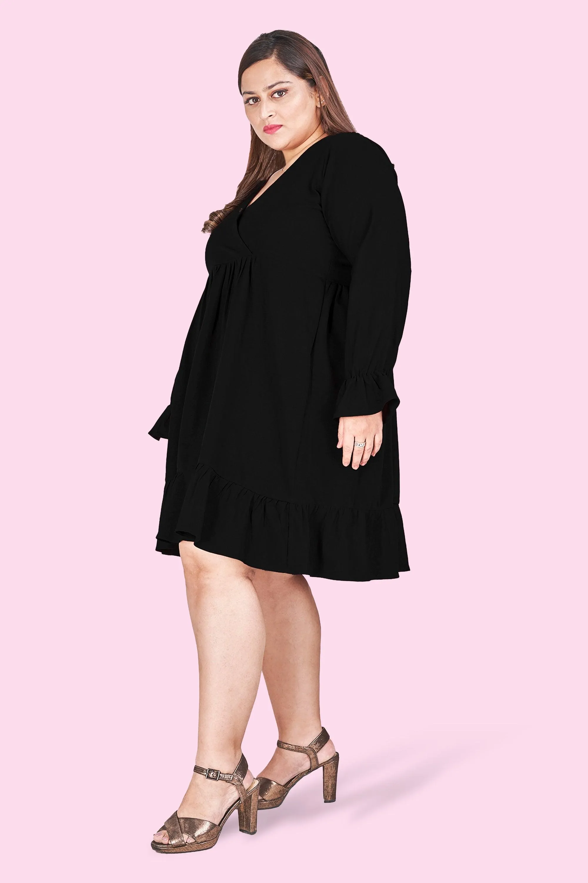 Curvy Lane Women Plus Size Wrap Styled Ruffle Sleeve Dress