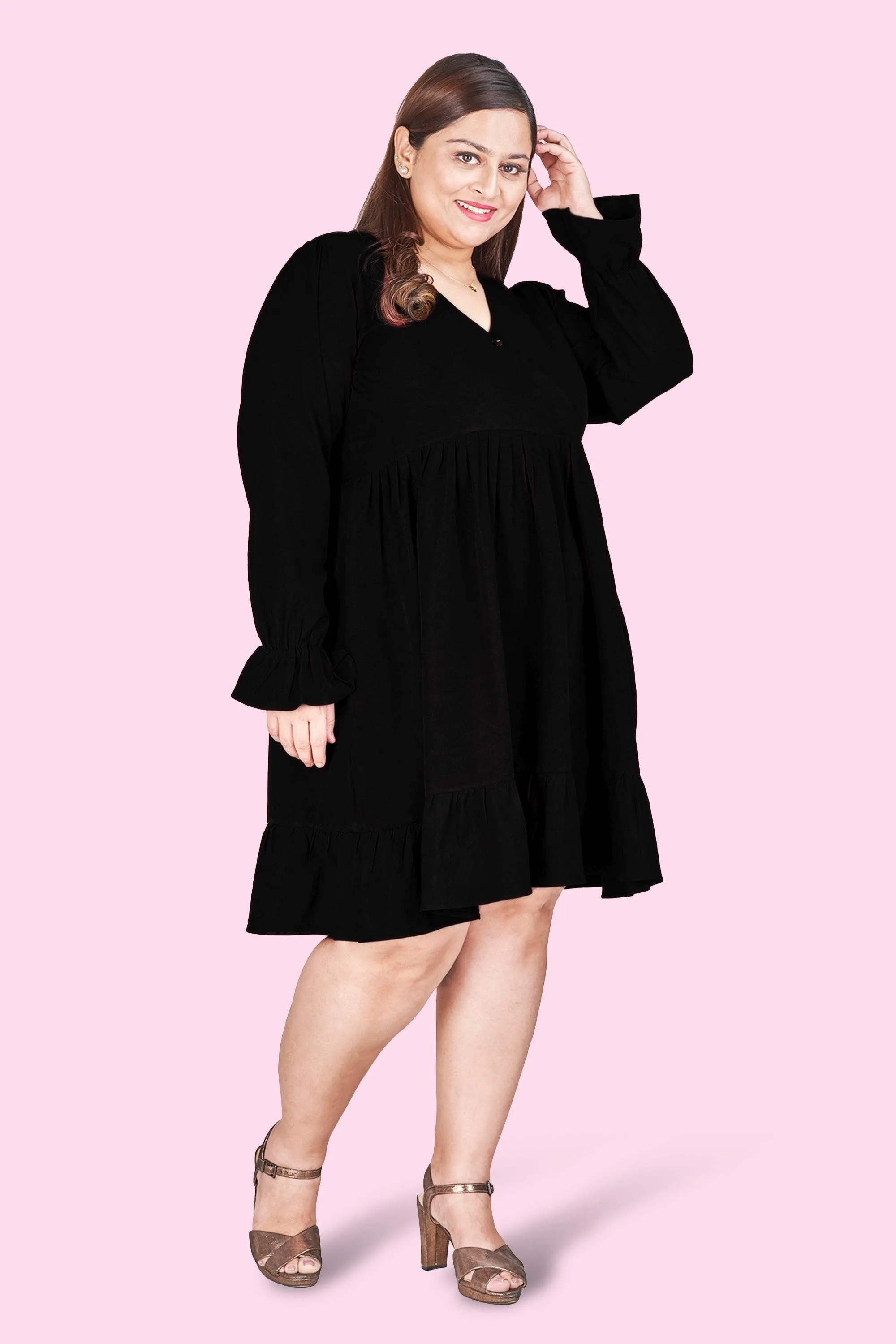 Curvy Lane Women Plus Size Wrap Styled Ruffle Sleeve Dress