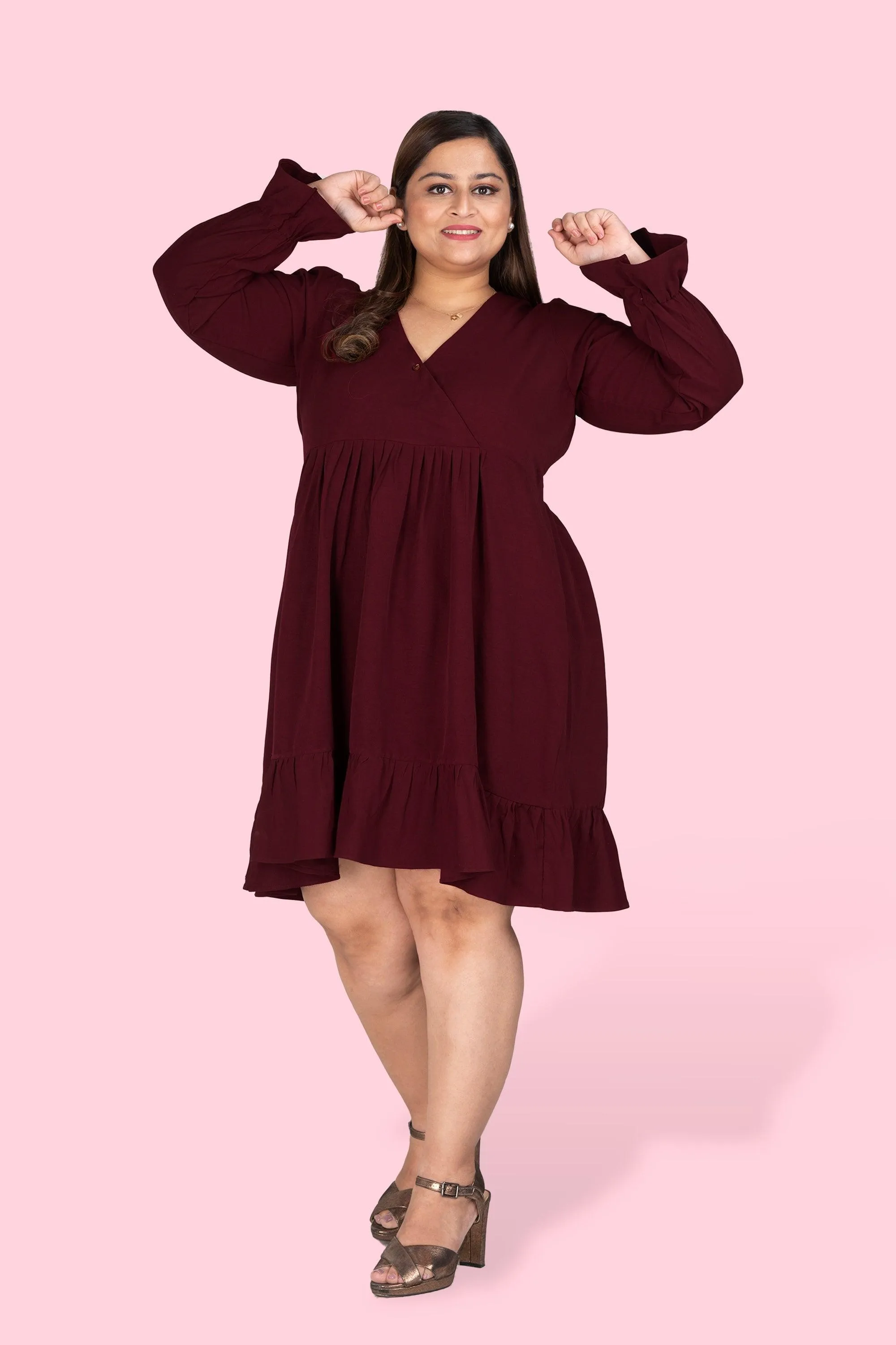 Curvy Lane Women Plus Size Wrap Styled Ruffle Sleeve Dress