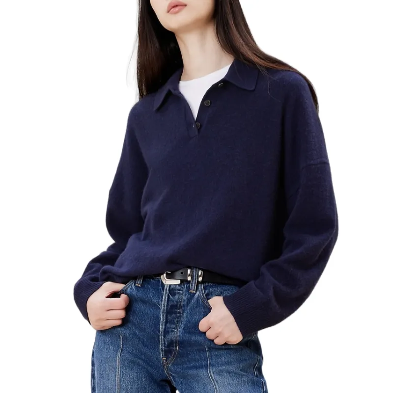 Custom Cashmere Blend Women's Knit Sweater - Polo Collar Cardigan, Ribbed Cuffs and Hem, OEM/ODM Manufacturer