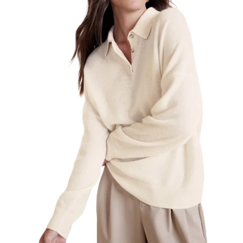 Custom Cashmere Blend Women's Knit Sweater - Polo Collar Cardigan, Ribbed Cuffs and Hem, OEM/ODM Manufacturer