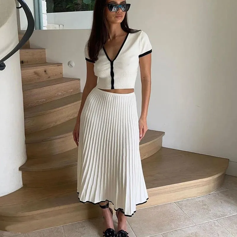 Deep V-neck Summer Crop Top with Pleated Skirt Matching Set