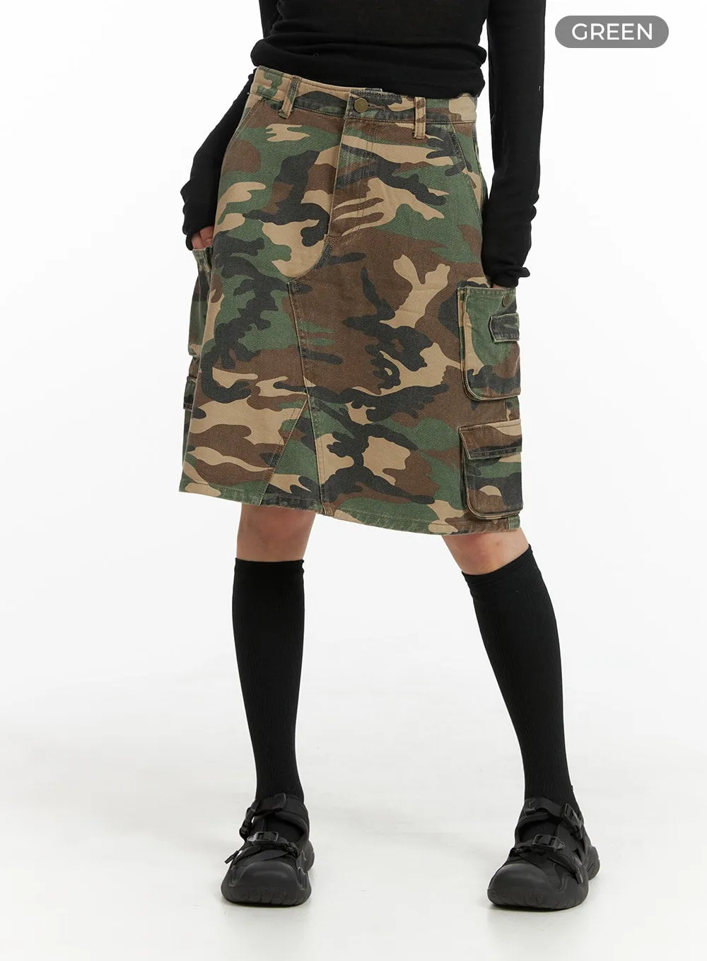 Denim Camo Cargo Midi Skirt CM412