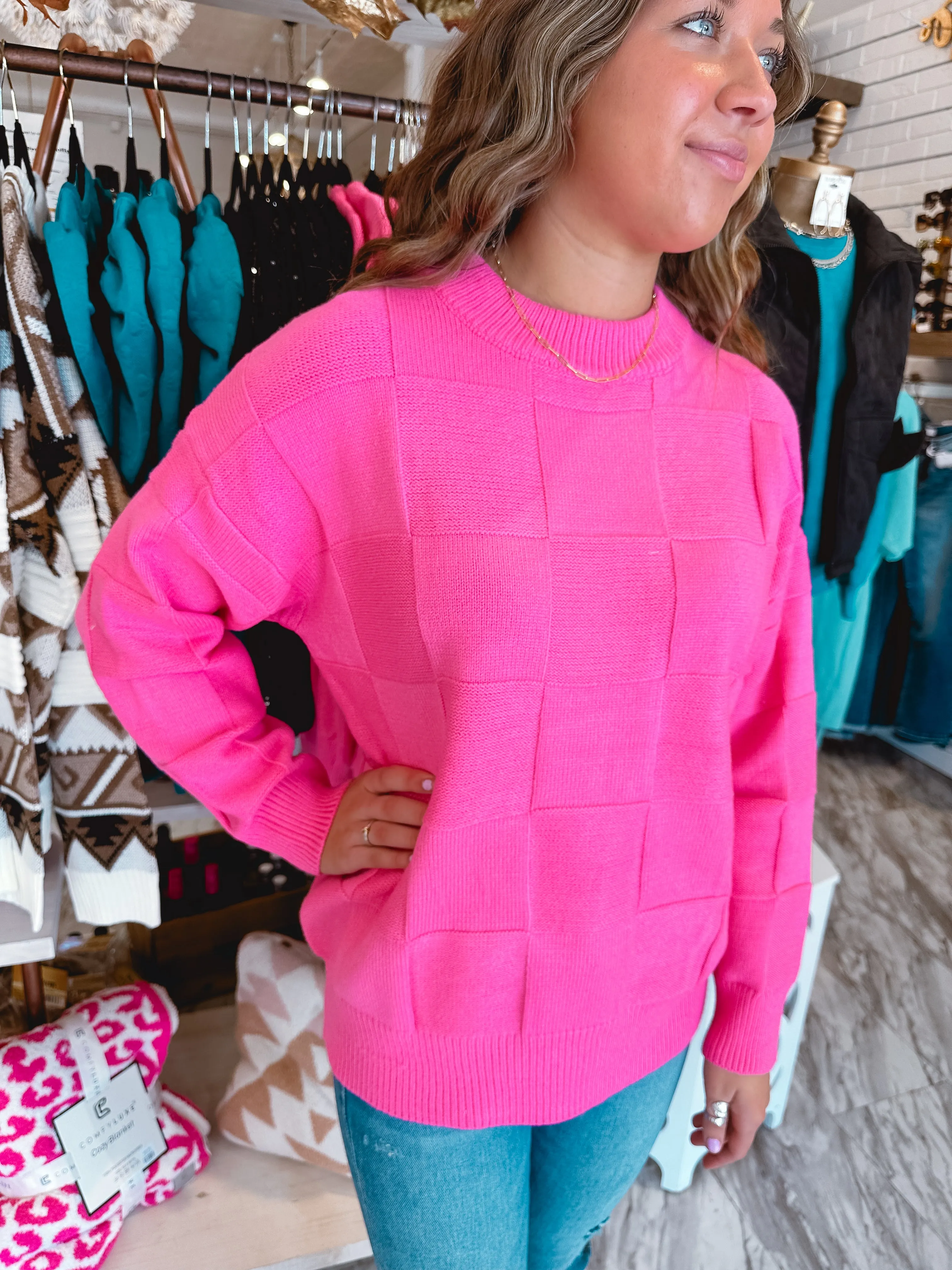 Dinner Date Hot Pink Checkered Knit Sweater