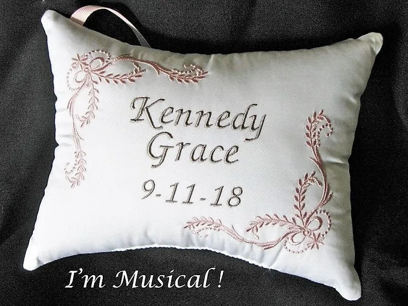 Elegant Baby Music Box Pillow -- Personalized Embroidered MUSICAL Baby Keepsake