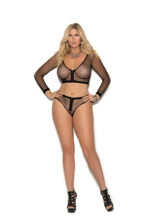 Elegant Moments Long Sleeve Fence Net Cami Top And Matching Booty Shorts  - Queen Size