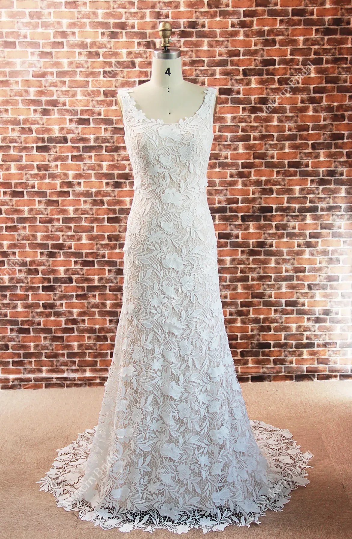 Elegant Three-Dimensional Floral Lace Wedding Dress With Bateau Neckline