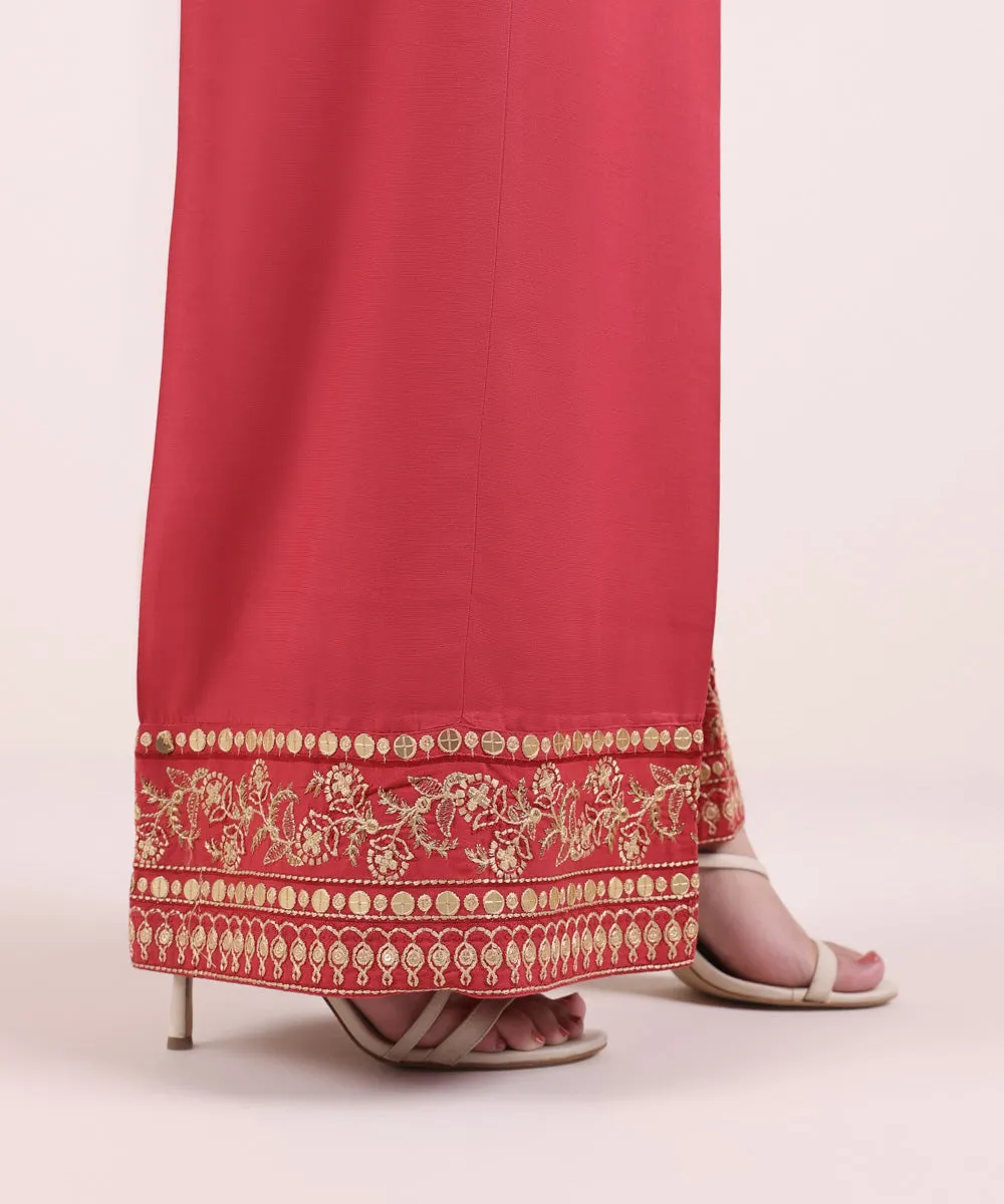 Embroidered Raw Silk Flared Pants