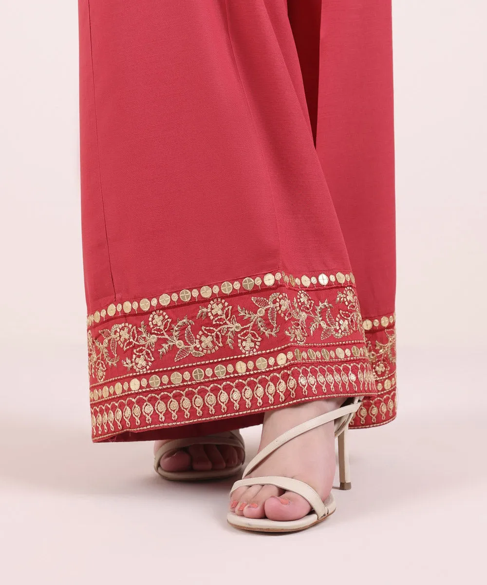 Embroidered Raw Silk Flared Pants