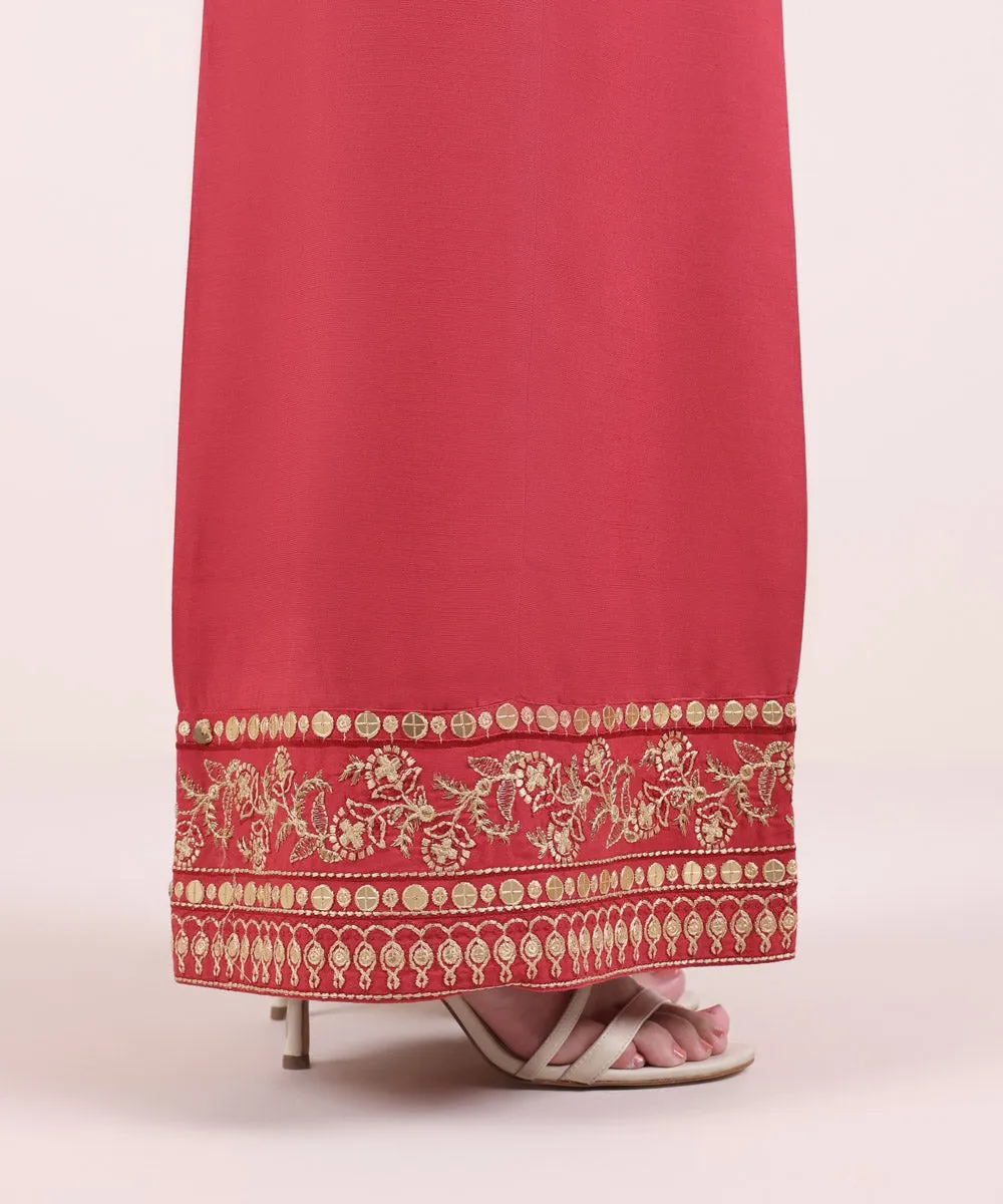 Embroidered Raw Silk Flared Pants