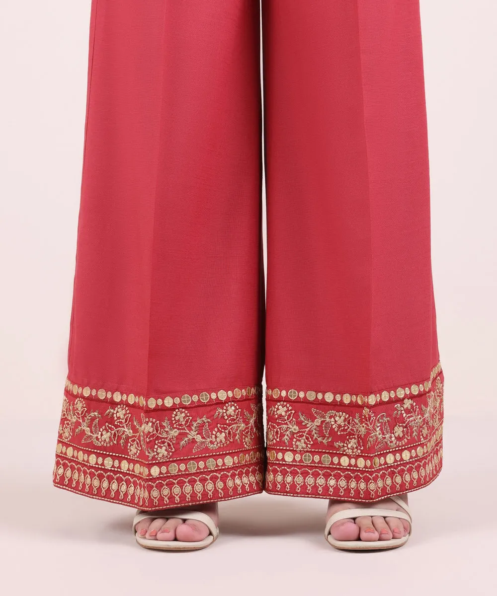 Embroidered Raw Silk Flared Pants