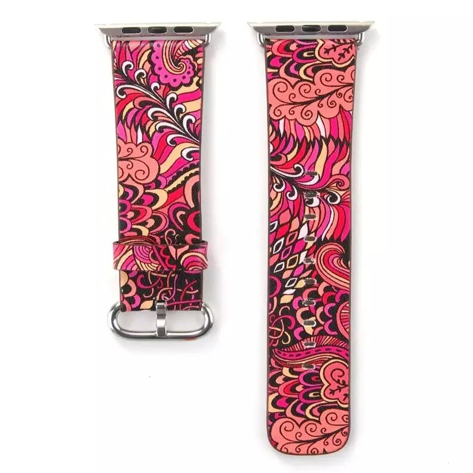 Fancy Paisley Print Leather Bands For Apple Watch Multiple Colors Available