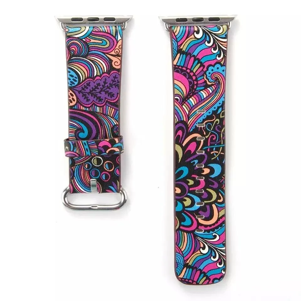 Fancy Paisley Print Leather Bands For Apple Watch Multiple Colors Available