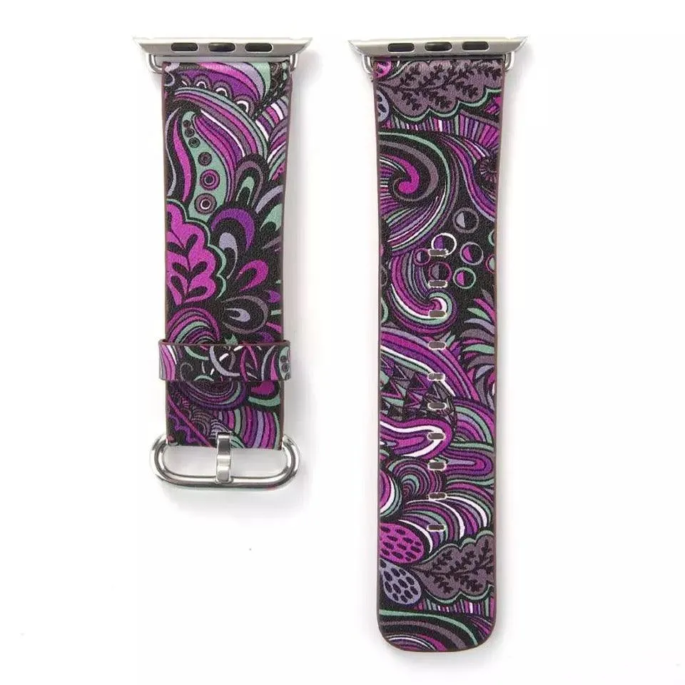 Fancy Paisley Print Leather Bands For Apple Watch Multiple Colors Available