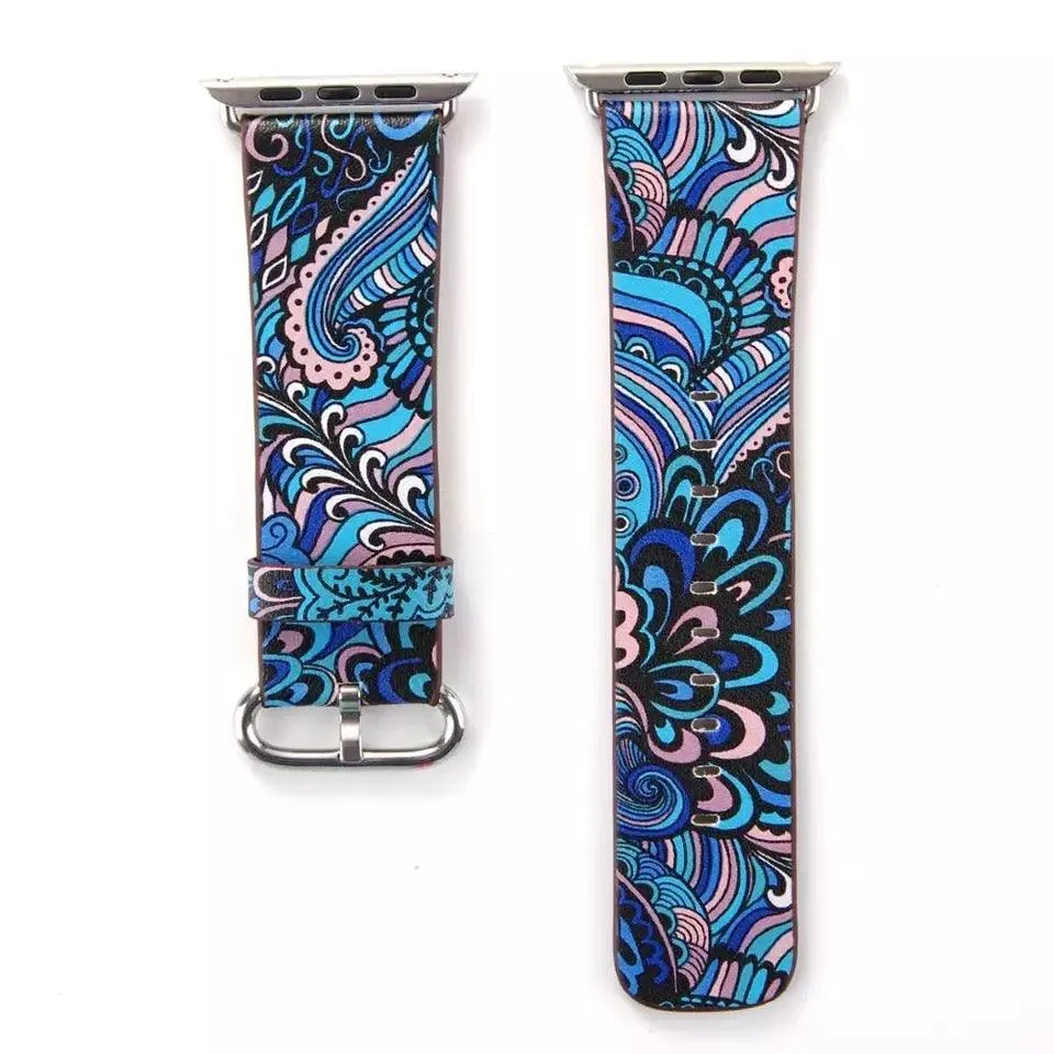 Fancy Paisley Print Leather Bands For Apple Watch Multiple Colors Available