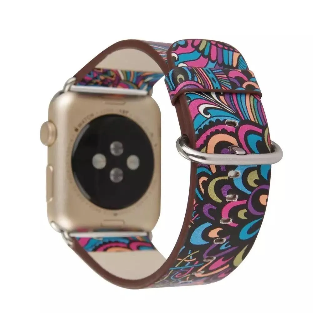 Fancy Paisley Print Leather Bands For Apple Watch Multiple Colors Available