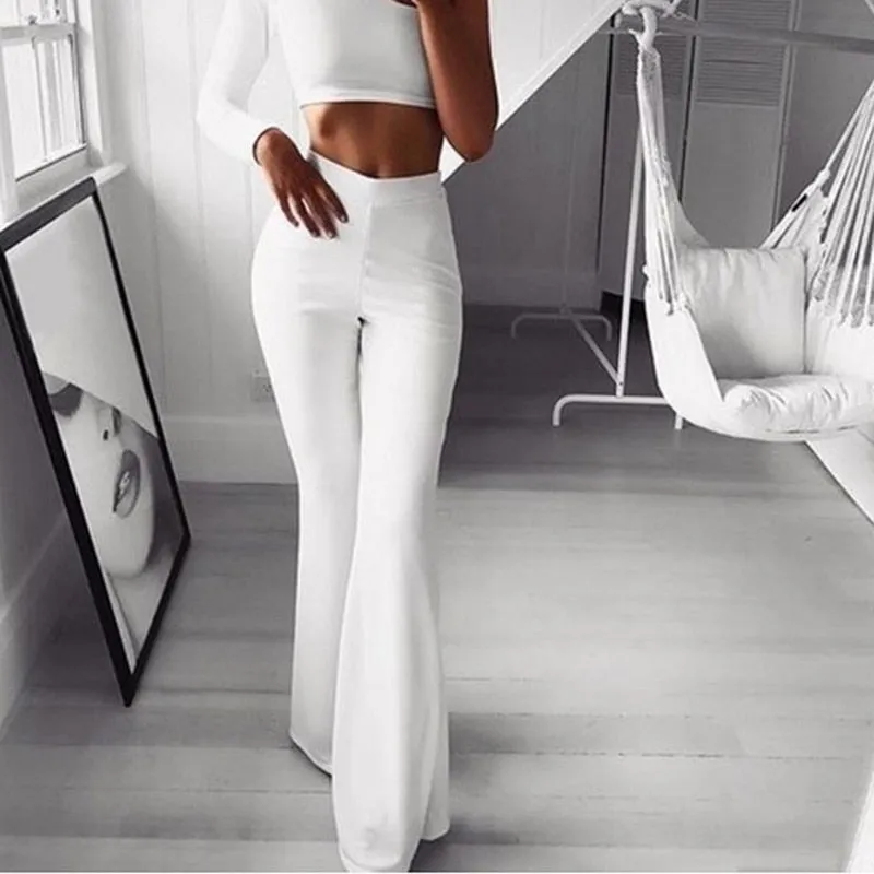 Fashionkova  Summer Autumn Solid Elegant Female Lady Women's Palazzo Flared Wide Killer Legs Pants High Waist OL Ladies Career Long Trousers