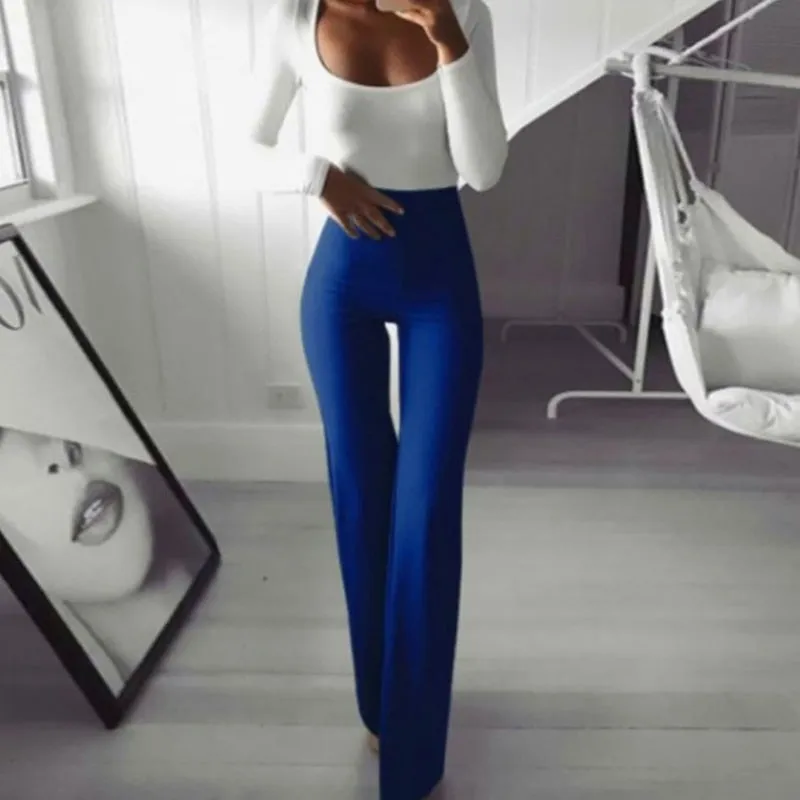 Fashionkova  Summer Autumn Solid Elegant Female Lady Women's Palazzo Flared Wide Killer Legs Pants High Waist OL Ladies Career Long Trousers