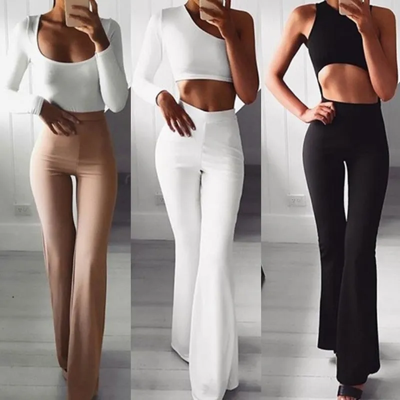 Fashionkova  Summer Autumn Solid Elegant Female Lady Women's Palazzo Flared Wide Killer Legs Pants High Waist OL Ladies Career Long Trousers