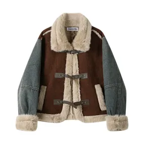 Faux Fur Denim Trim Coat