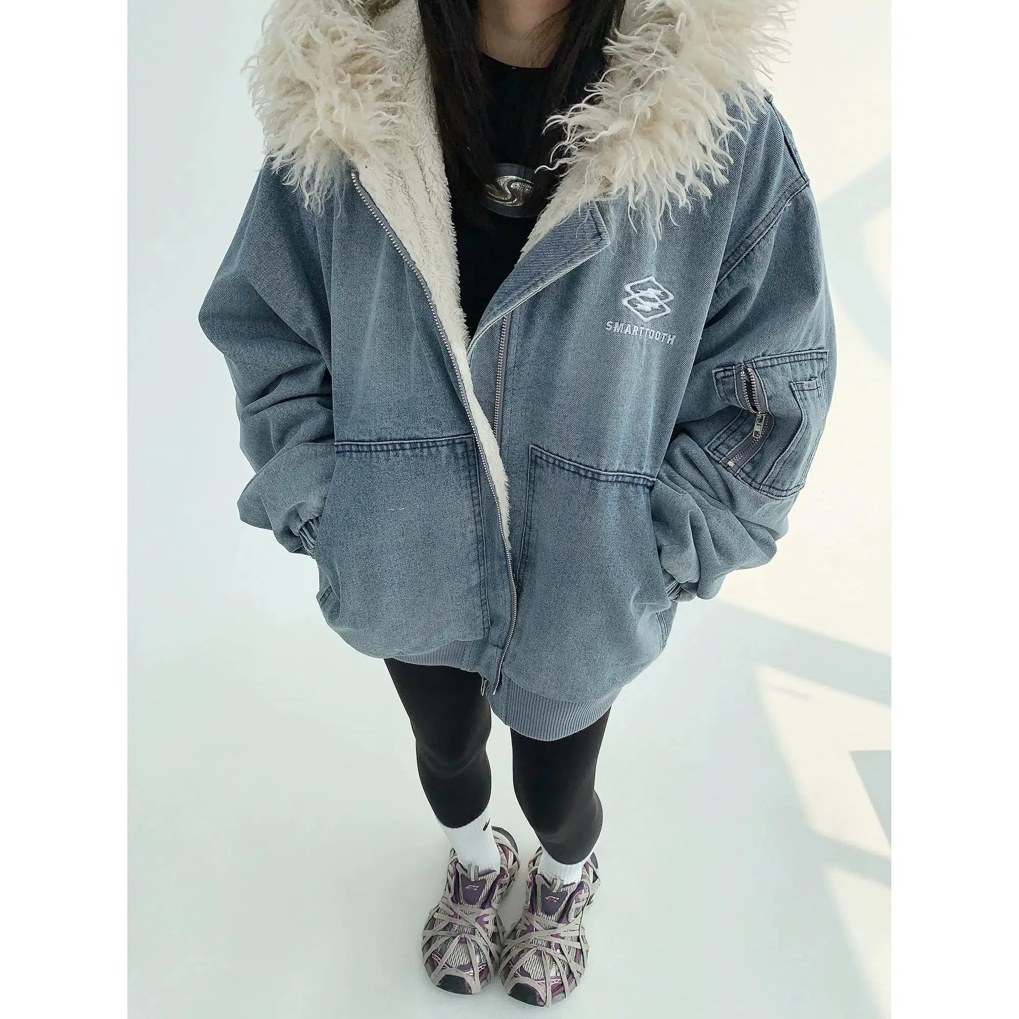 Faux Fur Trim Hooded Denim Coat